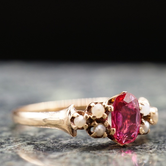 c.1880 Victorian Engagement Ring .52ct 6.5x4mm Natural Ruby Seed Pearls 14k - Picture 8 of 12